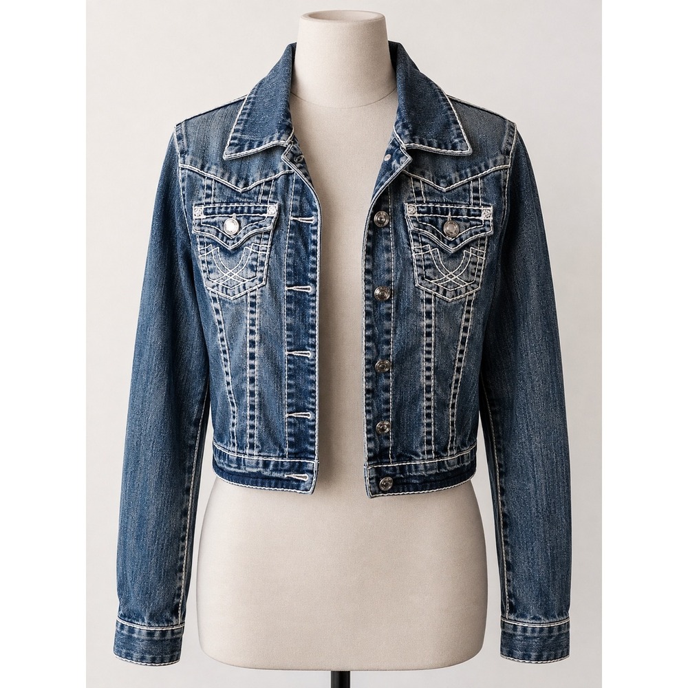 LA Idol USA Denim Jacket Medium Wash Contrast Stitch Rhinestone Y2K Cropped M